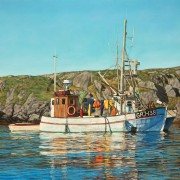 Boat in Greenland on the ocean on a sunny day, oil painting by Canadian David Marshak
