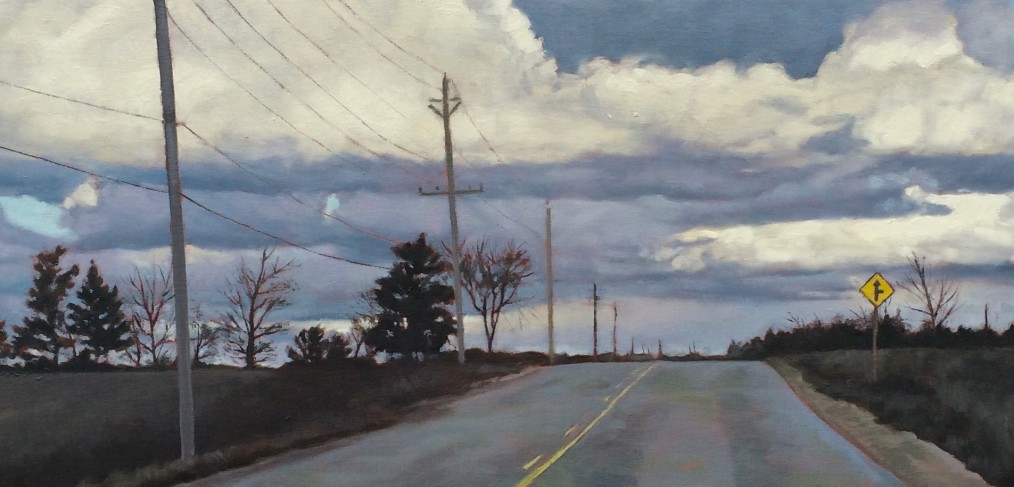 landscape painting of Grey County Road with moody clouds
